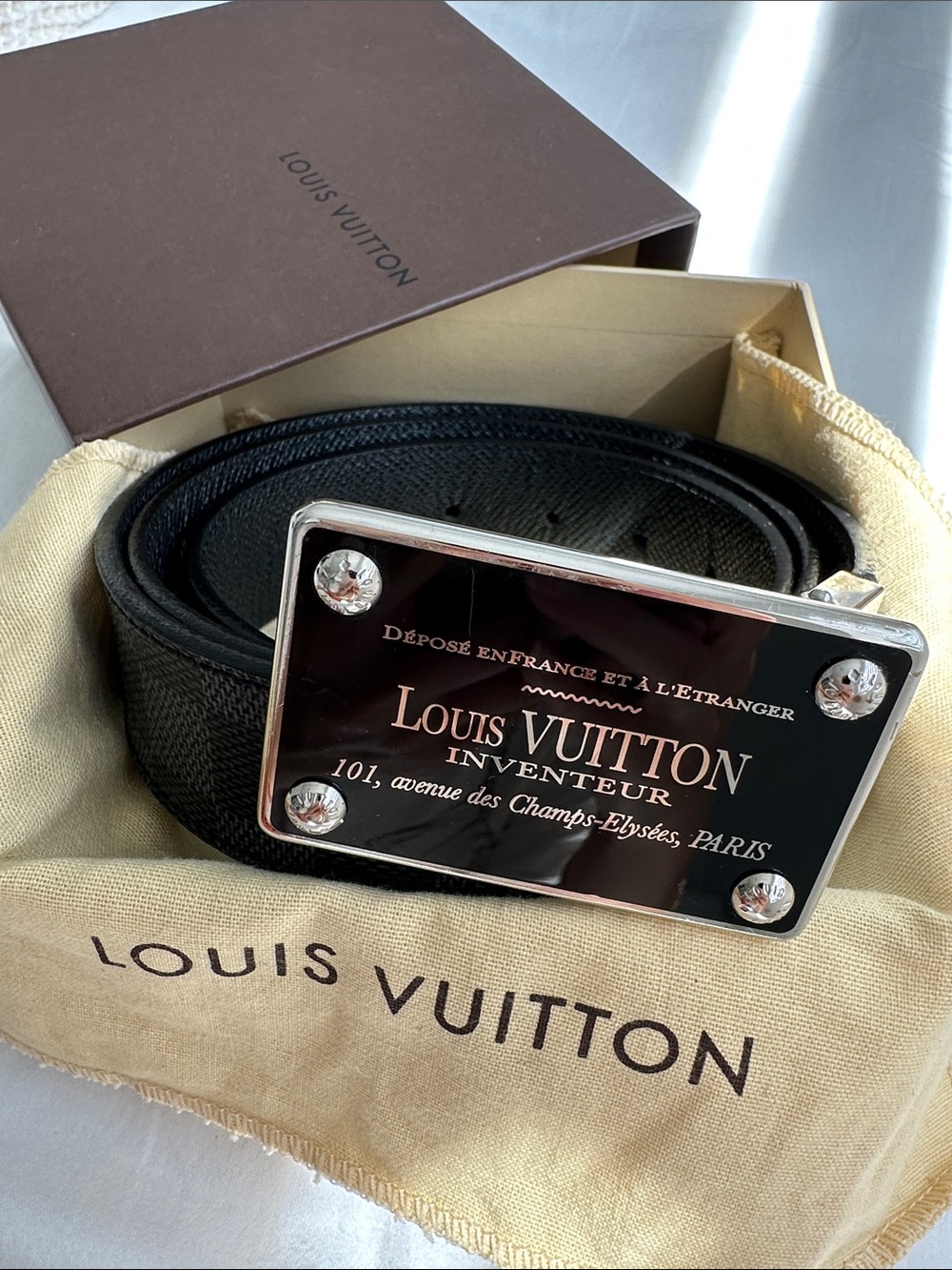 Louis Vuitton Men's Damier Graphite Canvas Belt with Plaque Buckle